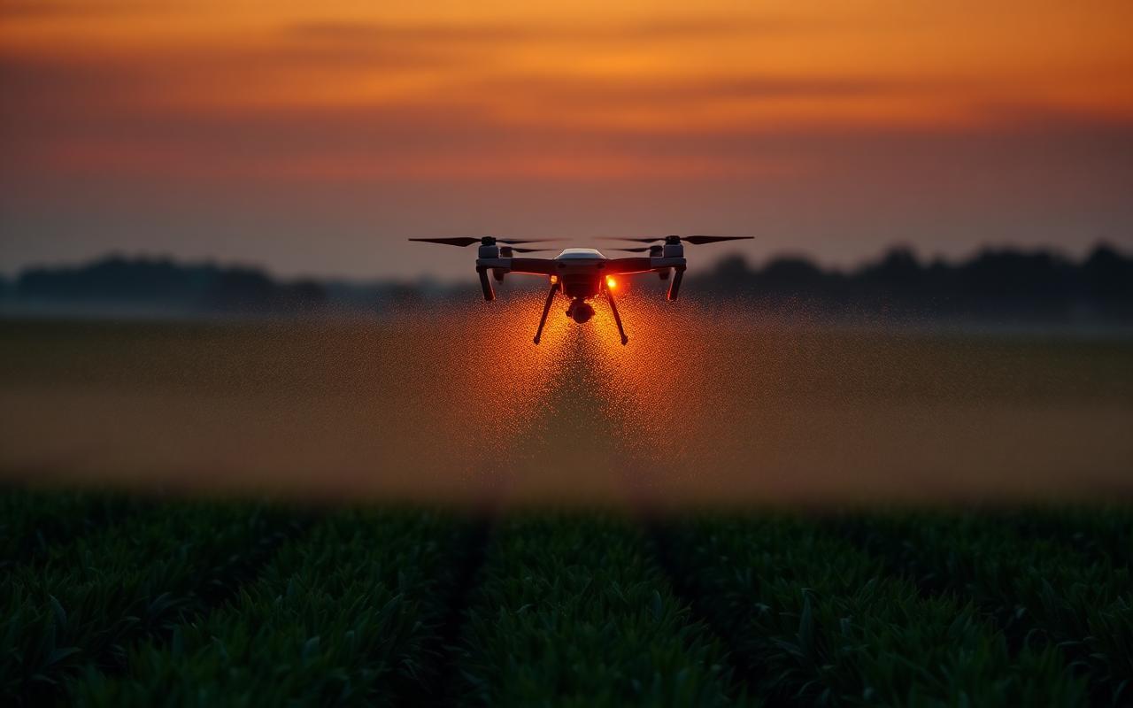 Drone precision spraying a fine targeted mist over a single crop row at dusk
